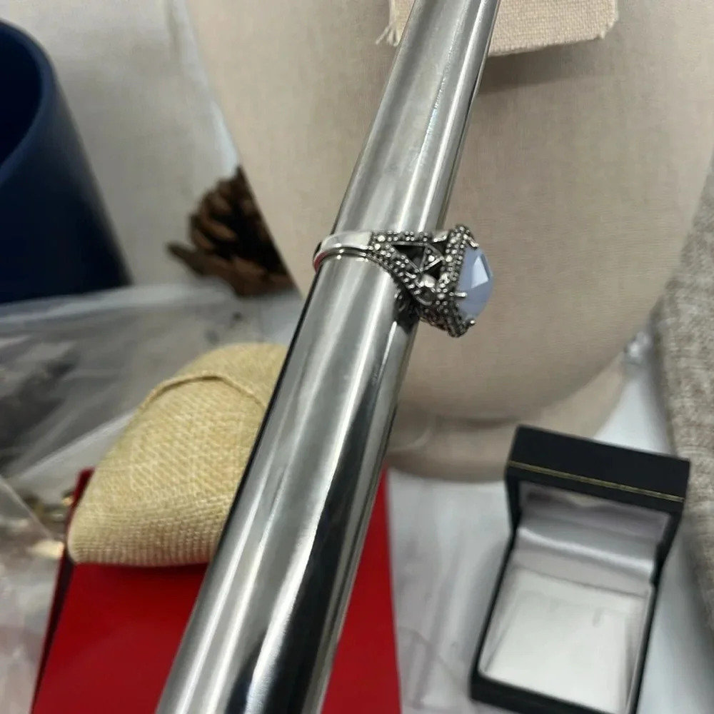 💎 Rare QVC Sterling Silver Gray Chalcedony & Marcasite Ring - Size 7 - Picture 16 of 17